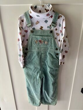 Vintage Hartstrings Squirrel Overalls Outfit Shirt Set 4T Corduroy Embroidered